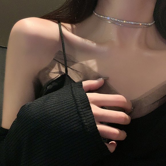 NEW Silver Round Diamond Thin Snake Chain Double Layer Necklace - Picture 7 of 7